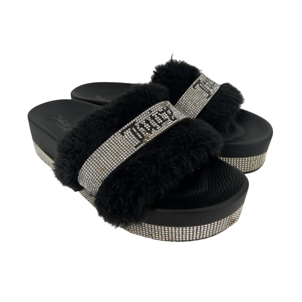 Juicy Couture Sandals Shoes Womens Size 7 Orbit Faux Fur Slide Rhinestone Black